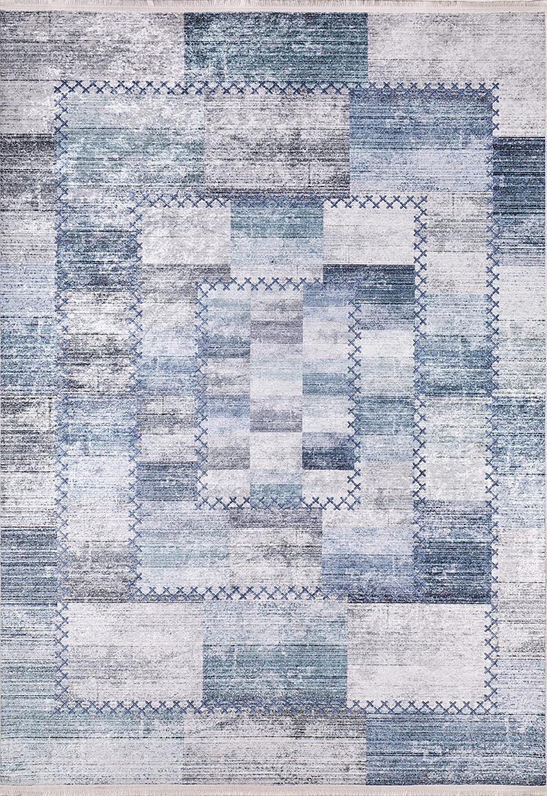 The Tartan Twist - Washable Rug - JR31 is a blue and gray rectangular patchwork rug with concentric rectangle and cross-stitch-inspired details, offering a modern, textured look that's perfect for allergy-sensitive homes.