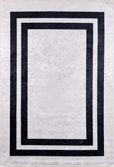 The Timeless Border - Washable Rug - JR572 features a light gray background with two bold black rectangular borders, creating a modern geometric look. Durable and easy to clean, it’s perfect for contemporary spaces.