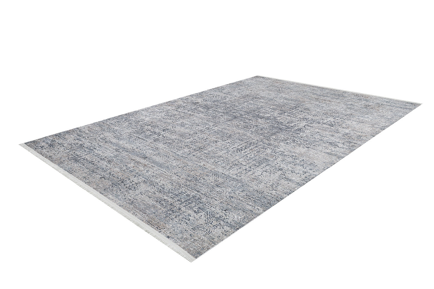 The Timeless Scrollwork - Washable Rug - JR1774 is a rectangular gray-anthracite rug with a muted grey and blue pattern, shown angled on a white background—ideal for high-traffic areas.