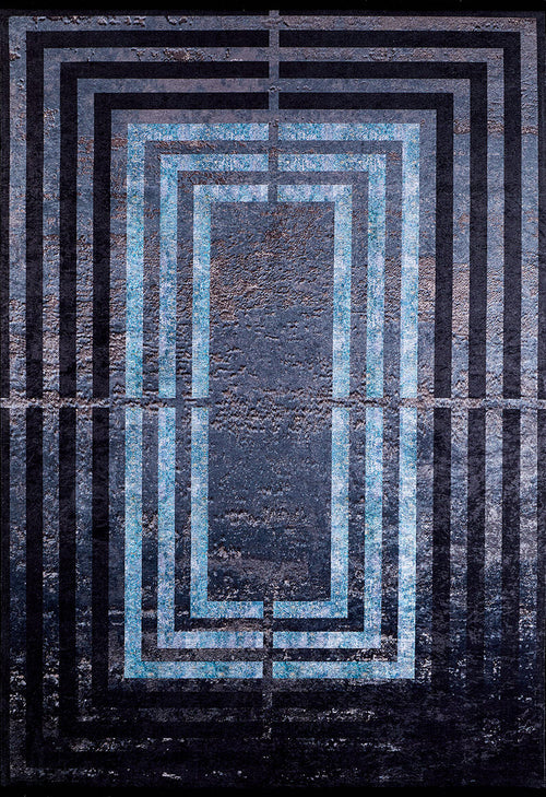 Load image 1 in gallery view. The Traditional and Timeless - Washable Rug - JR1408 features layered, rectangular blue and black geometric patterns for a tunnel-like effect, offering a weathered, durable look that's perfect for high-traffic areas.