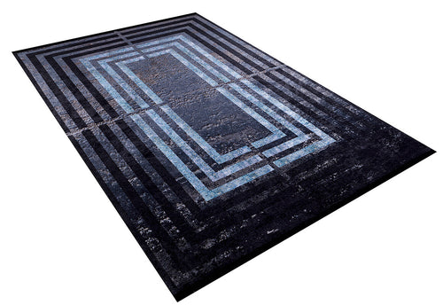 Load image 1 in gallery view. The Traditional and Timeless - Washable Rug - JR1408 features a geometric pattern of concentric rectangles in black and blue, offering a modern, optical illusion look—ideal for high-traffic areas. Shown on a white background.