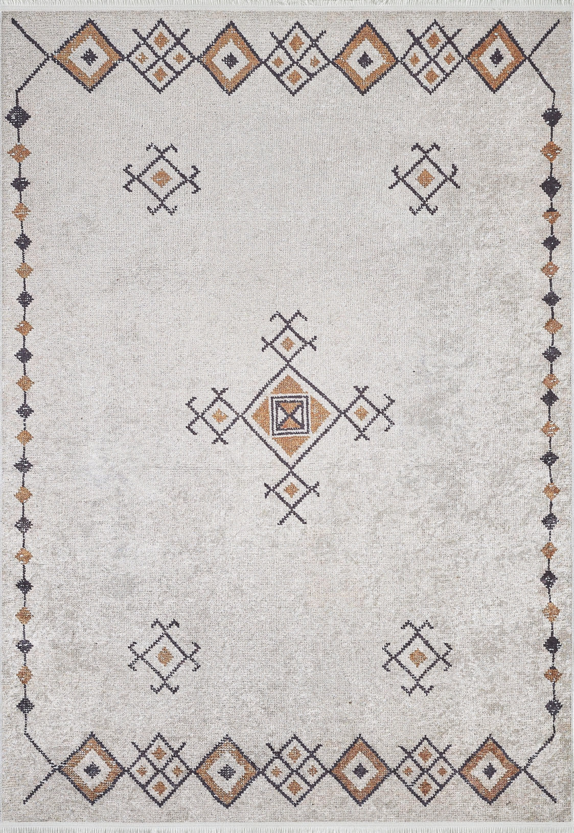 The Tribal Tassel - Washable Rug - JR1683 is a rectangular cream and beige rug with a light background, featuring geometric diamond patterns in brown, gold, and black—ideal for high-traffic areas.