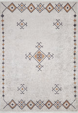 The Tribal Tassel - Washable Rug - JR1683 is a rectangular cream and beige rug with a light background, featuring geometric diamond patterns in brown, gold, and black—ideal for high-traffic areas.