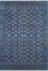 The Tribal Trail - Washable Rug - JR1939 is a rectangular blue rug with white and light blue geometric and floral patterns, decorative border, and durable construction—perfect for high-traffic areas and easy to maintain.