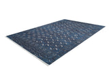 The Tribal Trail - Washable Rug - JR1939 is a rectangular blue rug featuring detailed white geometric and floral designs, displayed on a white background—ideal for high-traffic areas.