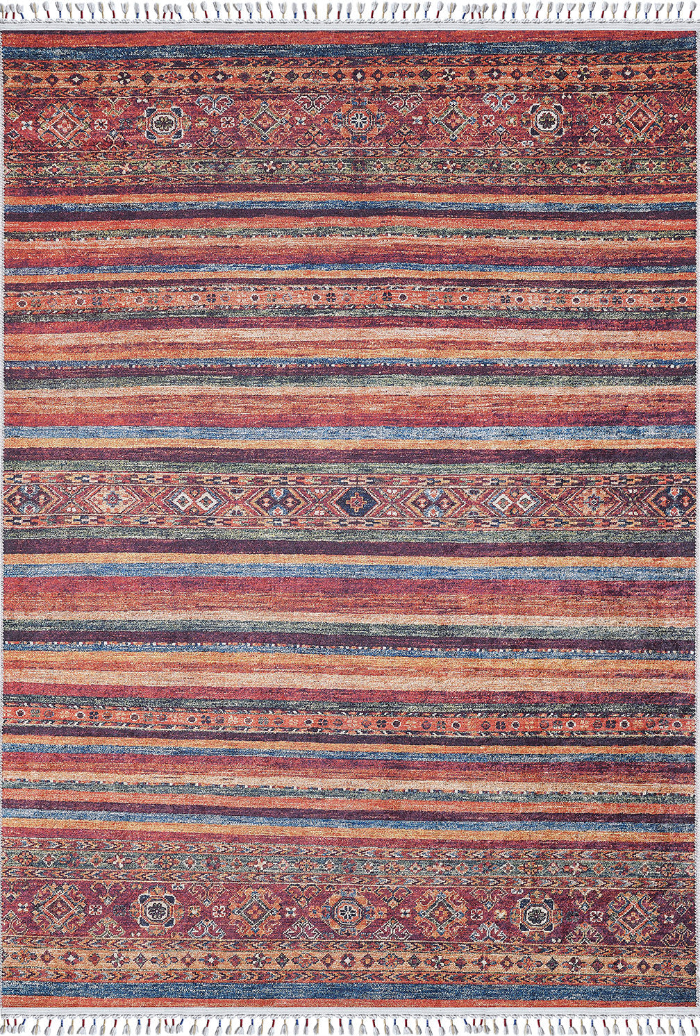 The Tropic Thunder - Washable Rug - JR5077 (Outlet) US is a rectangular multicolor rug with warm red, orange, and brown horizontal stripes, geometric and floral patterns, and fringed edges—perfect for high-traffic areas.