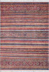 The Tropic Thunder - Washable Rug - JR5077 (Outlet) US is a rectangular multicolor rug with warm red, orange, and brown horizontal stripes, geometric and floral patterns, and fringed edges—perfect for high-traffic areas.