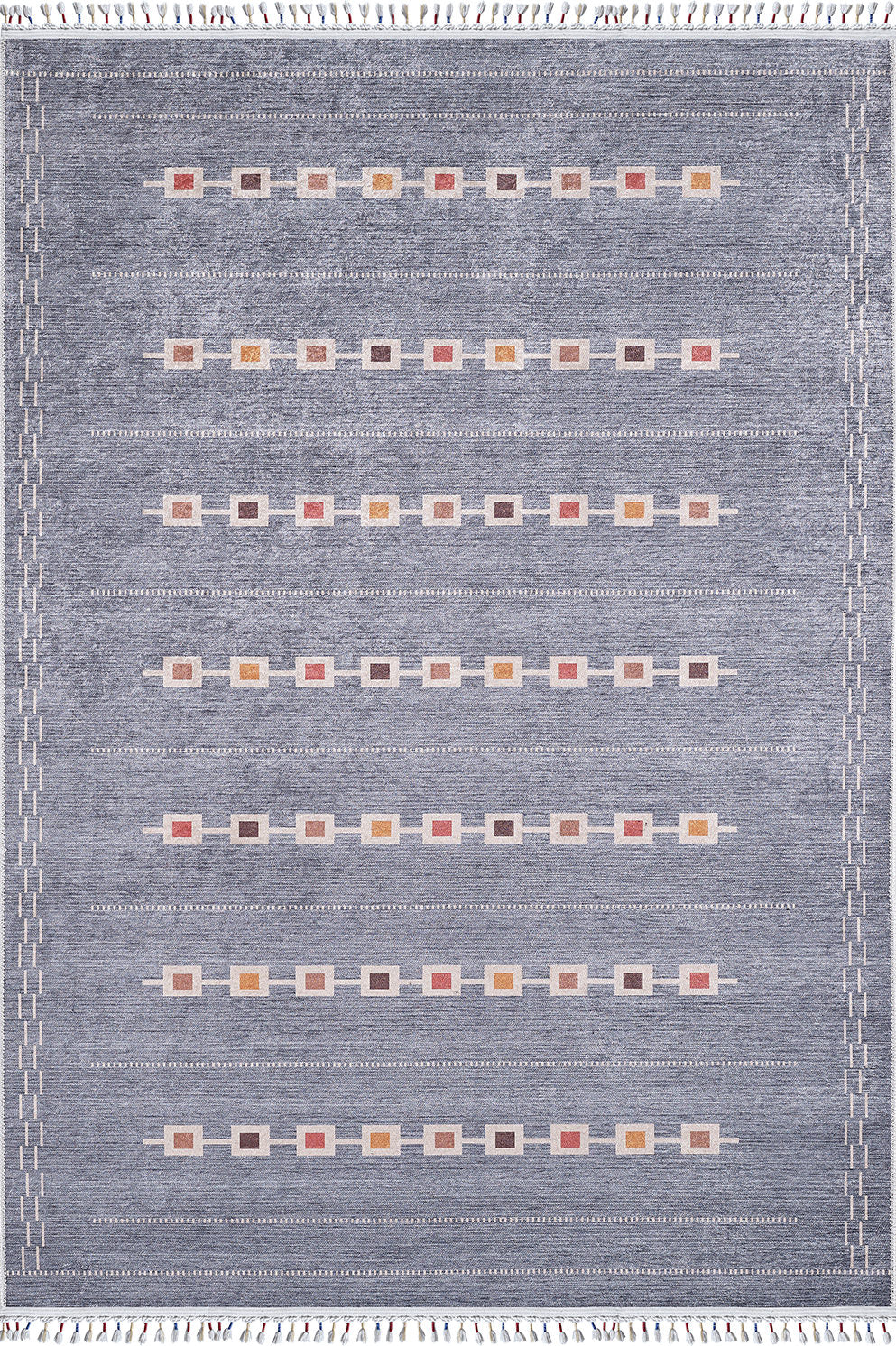 The Tuscan Villa - Washable Rug - JR5058 is a rectangular gray-anthracite rug with cream fringe edges and rows of small muted red, yellow, and brown squares. It’s designed for high-traffic areas and easy machine washing.