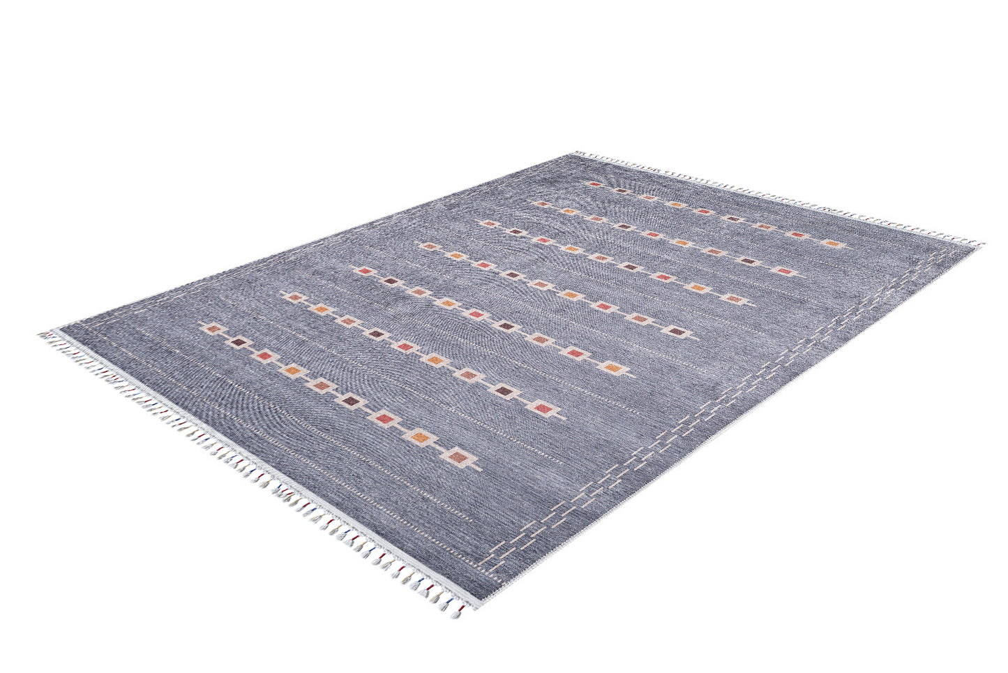 The Tuscan Villa - Washable Rug - JR5058 is a rectangular blue rug with white fringe, rows of colorful square patterns, and subtle white stitched lines—durable, stylish, and perfect for high-traffic areas.