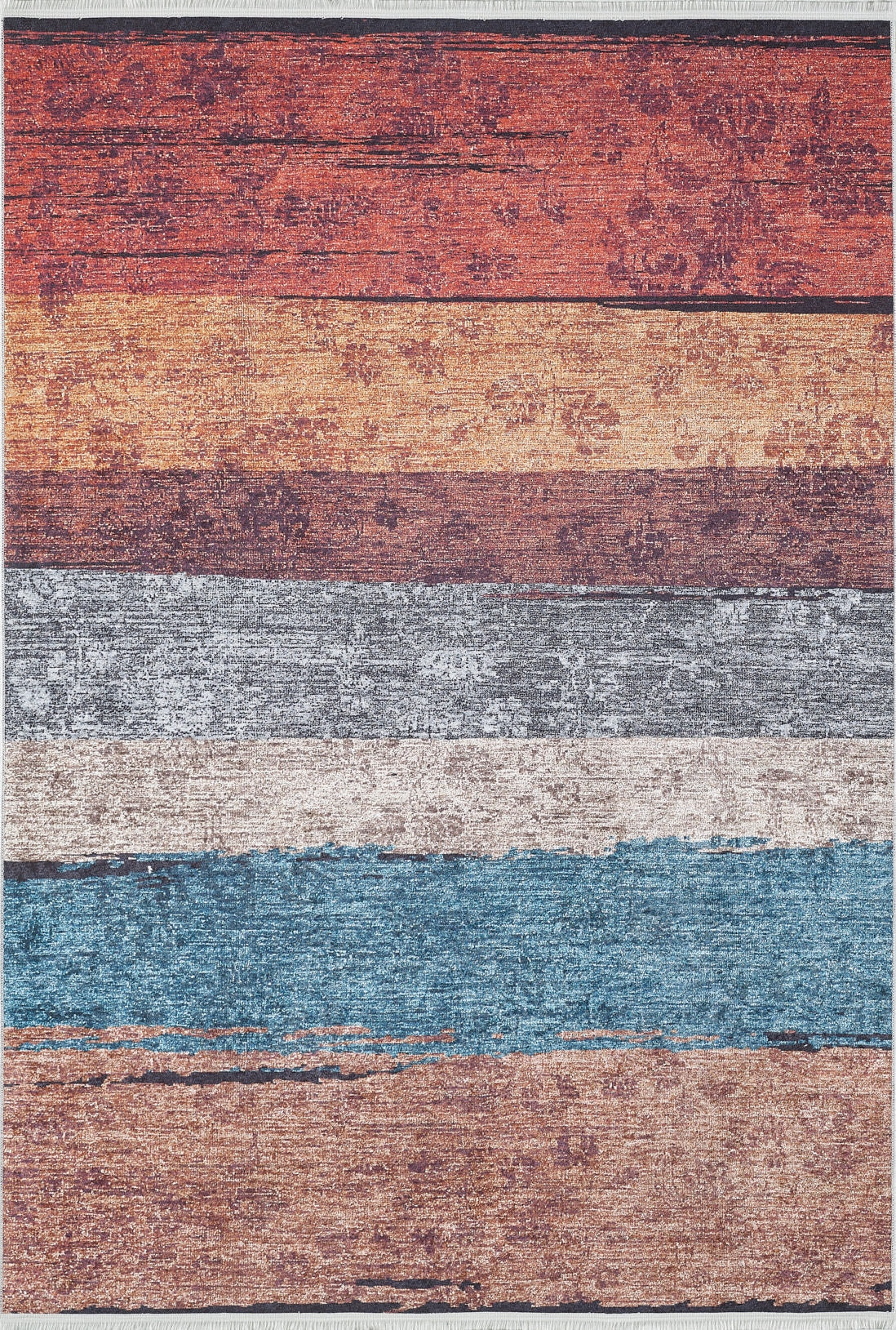 The Urban Edge - Washable Rug - JR2005 is a rectangular multicolor rug with horizontal distressed stripes in red, orange, brown, gray, blue, and teal. It features a textured, weathered look and durable flat weave construction.