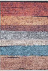 The Urban Edge - Washable Rug - JR2005 is a rectangular multicolor rug with horizontal distressed stripes in red, orange, brown, gray, blue, and teal. It features a textured, weathered look and durable flat weave construction.