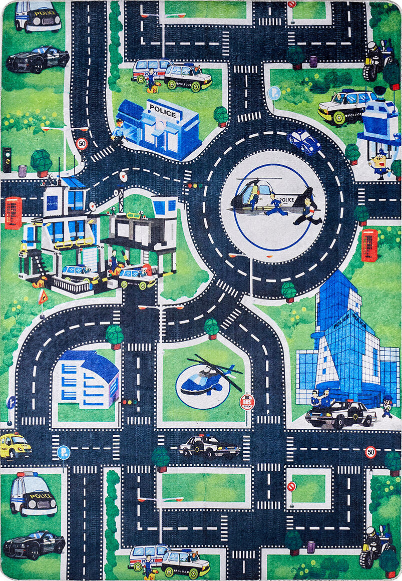 The Urban Road - Machine-Washable Rug JRC013 features a colorful city with roads, vehicles, signs, buildings, and grassy spots—perfect for kids to play with toy cars on this vibrant cityscape.