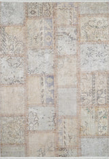 The Urban Utopia - Washable Rug - JR1957 features a patchwork flat weave of rectangular pieces in muted beige, gray, and brown tones, with visible stitching and faded floral and geometric patterns throughout.