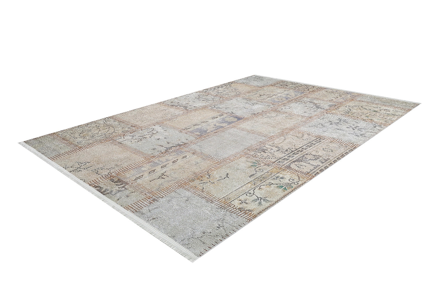 The Urban Utopia - Washable Rug - JR1957 is a rectangular, patchwork-style flat weave rug in muted beige, cream, and light brown tones with subtle patterns and floral designs, showcased on a white background.