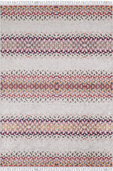 The Vibrant Rainbow - Machine-Washable Rug (JR5001) features horizontal rows of colorful patterns in red, orange, blue, brown, and cream on a light background, with fringed ends—ideal for high-traffic areas.