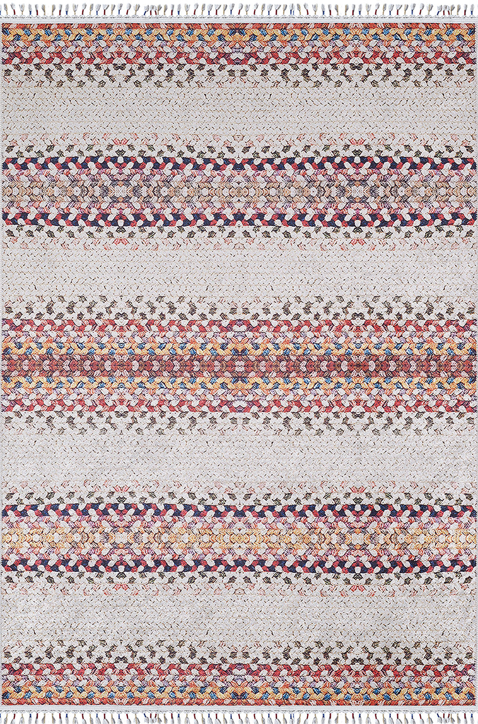 The Vibrant Rainbow - Machine-Washable Rug (JR5001) features horizontal rows of colorful patterns in red, orange, blue, brown, and cream on a light background, with fringed ends—ideal for high-traffic areas.