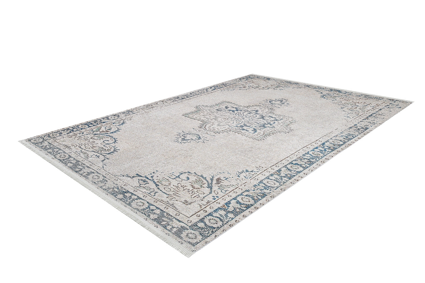 The Vintage Beauty - Washable Rug - JR1688 features a rectangular shape, light beige background, blue and gray floral and geometric patterns, a decorative border, and a vintage distressed look—ideal for high-traffic areas.
