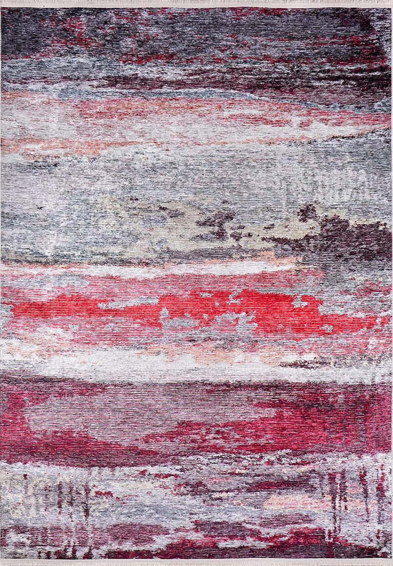 The Vintage Brushed - Washable Rug - JR143 features an abstract flat weave with horizontal streaks in gray, beige, pink, and red for a textured, painterly look. This modern washable rug adds an artistic touch to any space.