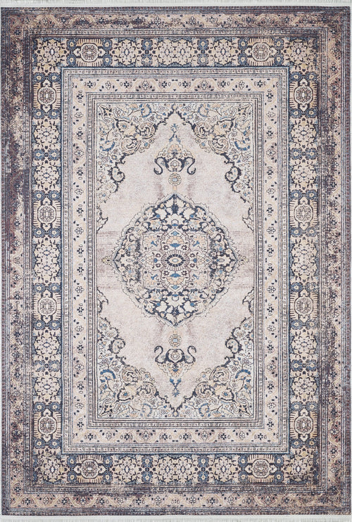 Load image 1 in gallery view. The Vintage Charm - Washable Rug - JR1933 is a rectangular Persian-style rug with an ornate central medallion, floral motifs, and detailed borders in cream, navy blue, beige, and light blue—perfect for high-traffic areas.