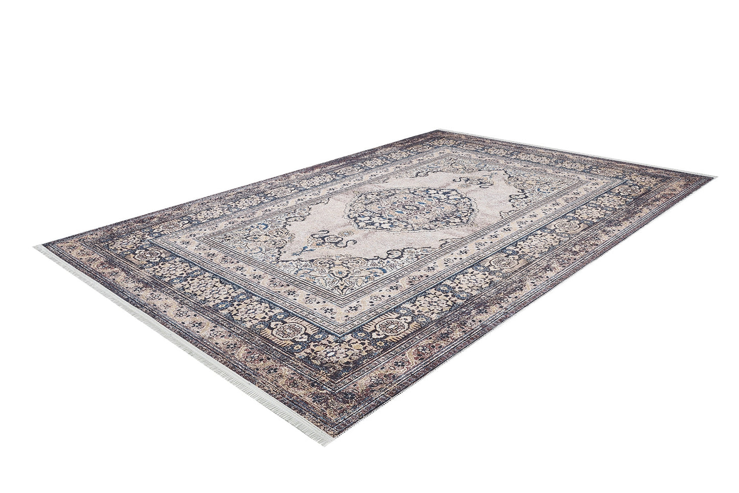 The Vintage Charm - Washable Rug - JR1933 is a rectangular rug with a central medallion, ornate floral borders, and beige, blue, and cream hues. Perfect for high-traffic areas, it's shown on a white background.