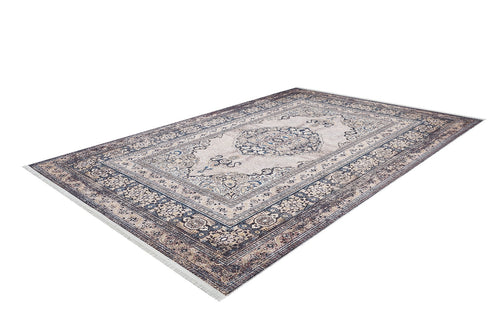 Load image 1 in gallery view. The Vintage Charm - Washable Rug - JR1933 is a rectangular rug with a central medallion, ornate floral borders, and beige, blue, and cream hues. Perfect for high-traffic areas, it's shown on a white background.