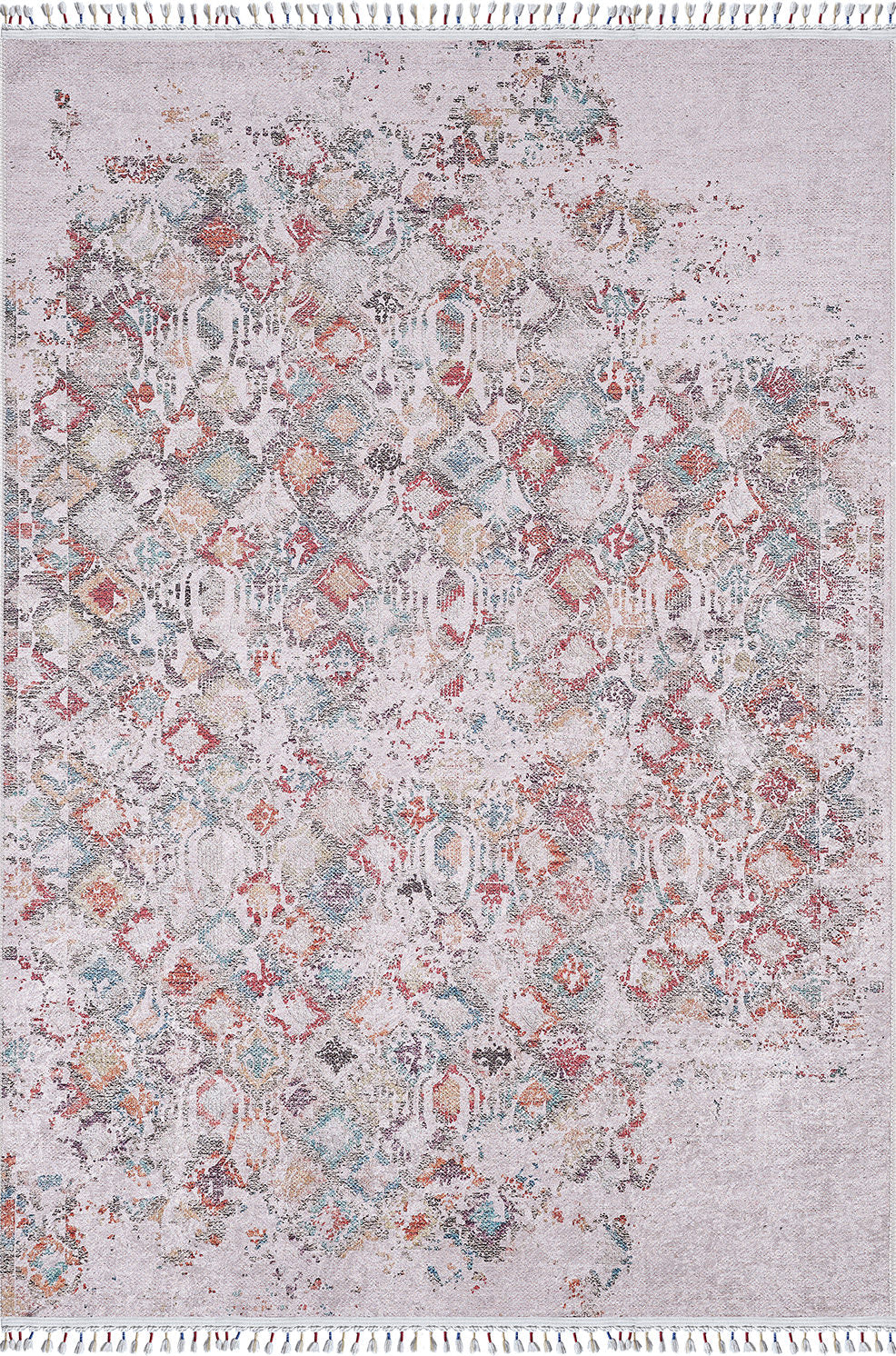 The Vintage Cream - Machine-Washable Rug (JR5006) features a distressed flat weave design in pastel blue, orange, yellow, and red with geometric and floral patterns on a light beige background—ideal for cream and beige rug enthusiasts.