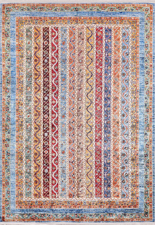 Load image 1 in gallery view. The Vintage Vibes - Washable Rug - JR37 features vertical stripes in red, blue, yellow, and beige with intricate geometric and floral designs. Its detailed blue border adds charm, making it ideal for high-traffic areas.