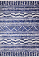 The Wavy Wonders - Washable Rug - JR941 features blue and white woven horizontal stripes with repeating geometric patterns—diamonds, chevrons, and zigzags. Durable and stylish, it’s ideal for high-traffic spaces.