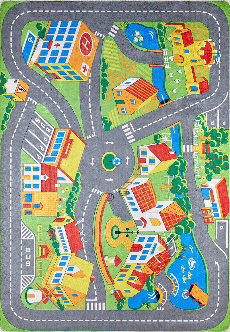 The Zooming Metropolis - Machine-Washable Rug JRC012 features vibrant, multicolor city roads, playgrounds, trees, and buildings in a small town layout. Durable and washable, it's ideal for children's play and high-traffic areas—fun meets practicality!.
