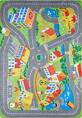 The Zooming Metropolis - Machine-Washable Rug JRC012 features vibrant, multicolor city roads, playgrounds, trees, and buildings in a small town layout. Durable and washable, it's ideal for children's play and high-traffic areas—fun meets practicality!.