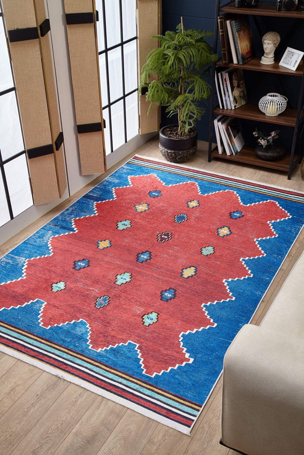 machine-washable-area-rug-Tribal-Ethnic-Collection-Blue-Red-JR1678
