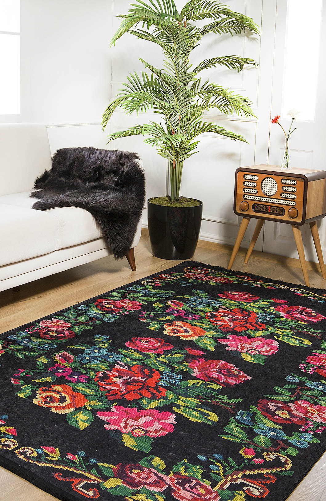 machine-washable-area-rug-Floral-Collection-Black-Multicolor-Pink-JR303