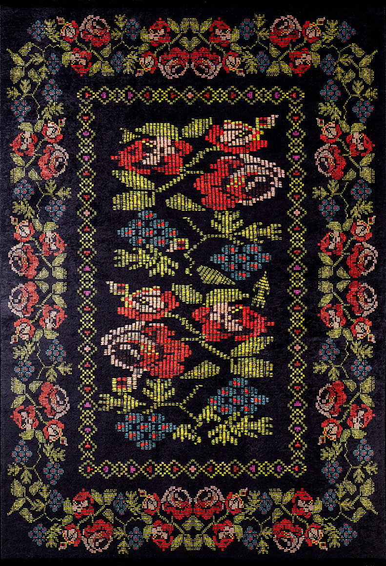 machine-washable-area-rug-Floral-Collection-Black-JR588