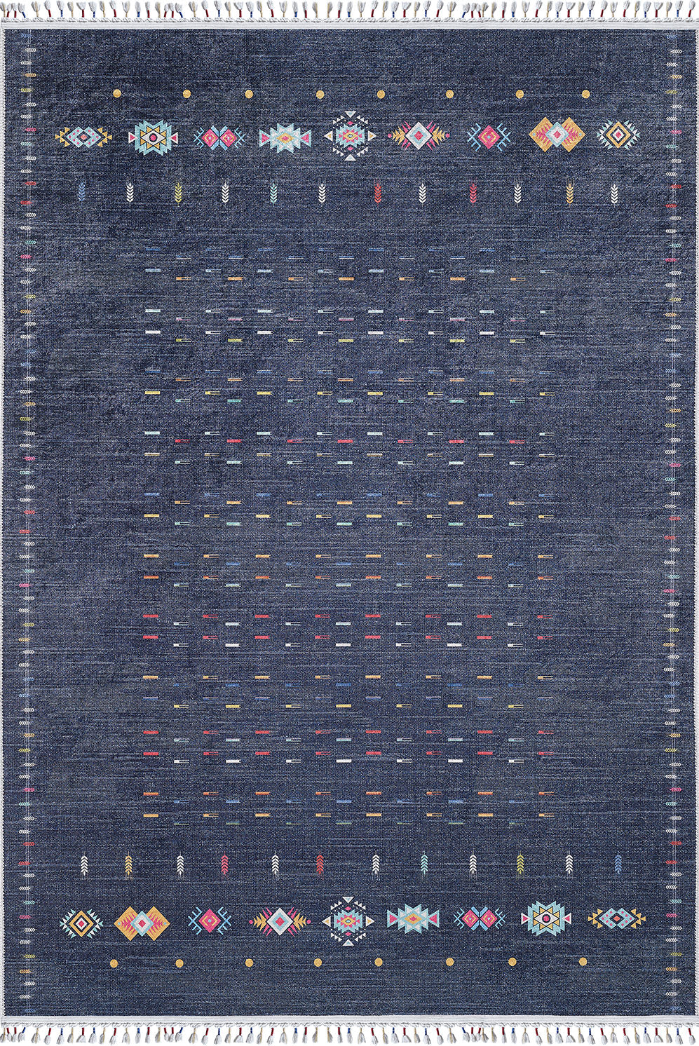 The Wanderer's Way - Washable Rug - JR5101 is a rectangular, dark blue rug with a textured pattern, colorful geometric accents, and small vibrant dashes. Durable and washable, it's ideal for high-traffic areas and trimmed with white fringe on the short edges.