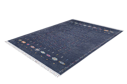 Load image 1 in gallery view. The Wanderer's Way - Washable Rug - JR5101 is a rectangular navy blue rug with vibrant diamond and geometric edge patterns, plus white fringes—ideal for high-traffic areas and easy to clean.